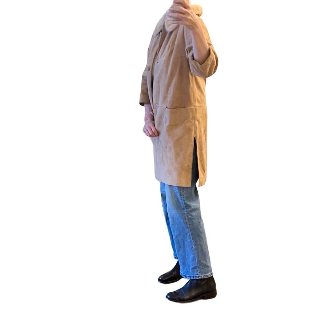 Vtg 50s Suede Leather Jacket Mink Fur Collar Cream 3/4 Sleeve Field Coat L - Picture 4 of 16